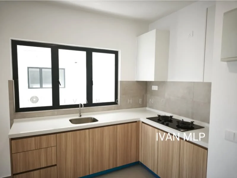 Kitchen features: single-bowl stainless-steel sink, chrome pull-down faucet, white quartz countertop, wood cabinetry with natural finish, gas hob with two burners, grey tile backsplash, floor-to-ceiling window, white upper cabinets, light grey flooring; style: modern.