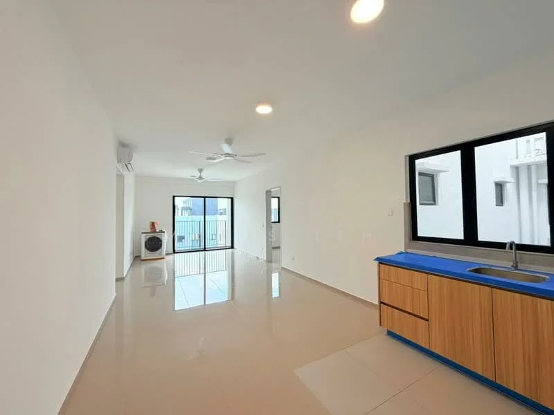 Living features: white painted walls, glossy tile flooring, 5-blade ceiling fan with light, floor-to-ceiling windows, sliding glass door, kitchen island with blue countertop, single-bowl stainless-steel sink, wood cabinetry, air conditioning unit; style: modern.
