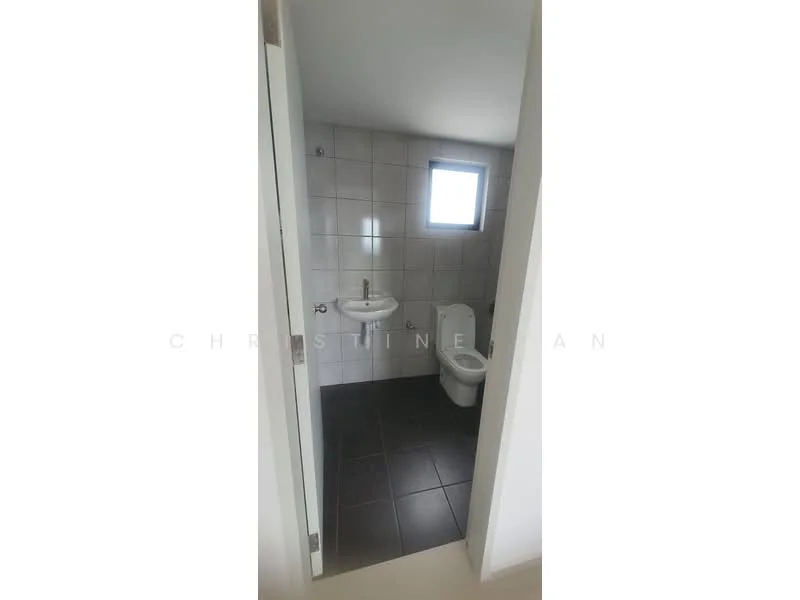 Bathroom features: white tiled walls, grey floor tiles, wall-mounted sink, chrome faucet, one-piece toilet, small window, minimalist design; style: modern.