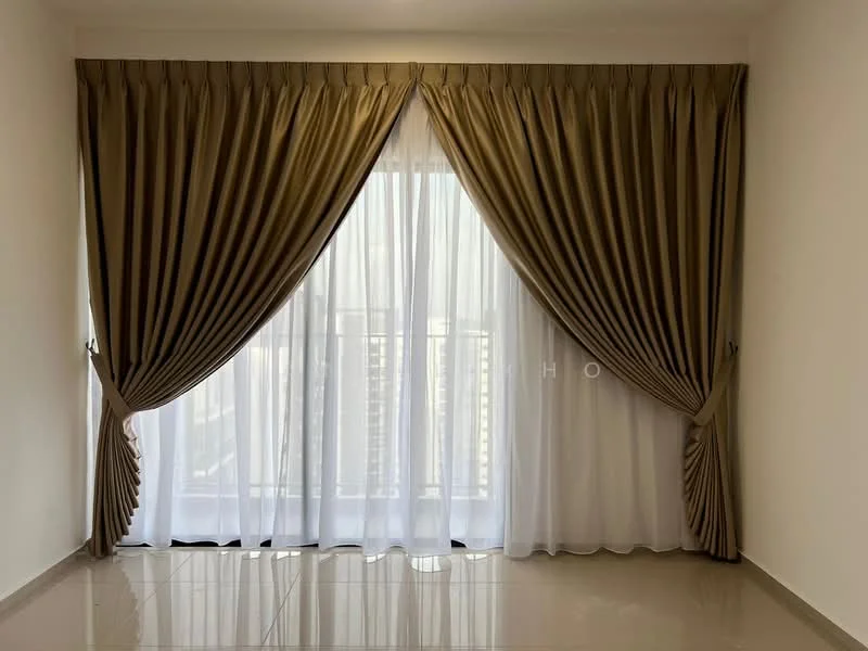 Room features: floor-to-ceiling windows, sheer white curtains, heavy gold drapes, glossy tile flooring, neutral painted walls; style: modern; view: city.