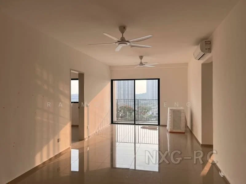 Living features: white painted walls, polished tile flooring, 5-blade ceiling fan with light, floor-to-ceiling windows, sliding glass door, balcony access, air conditioning unit, natural light from windows; style: modern; view: city.