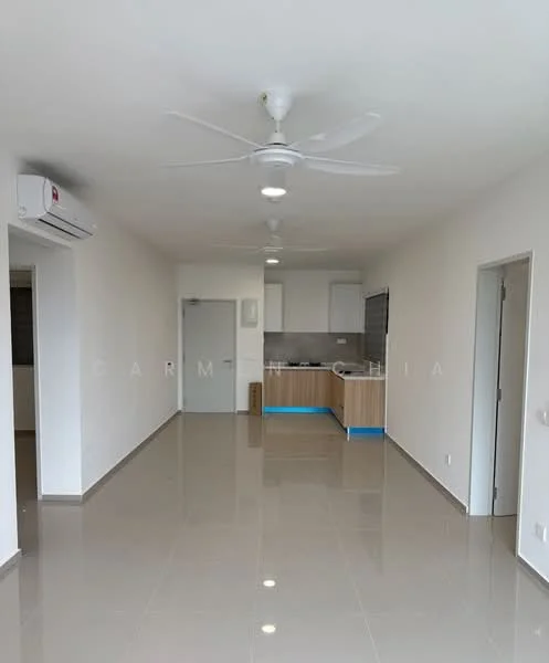 Living features: white painted walls, glossy ceramic tile flooring, 5-blade ceiling fan with light, wall-mounted split AC, open kitchen layout, kitchen island, recessed downlights, doorway to other rooms; style: modern. Kitchen features: kitchen cabinetry, countertop, built-in appliances, open layout to living area; style: modern.