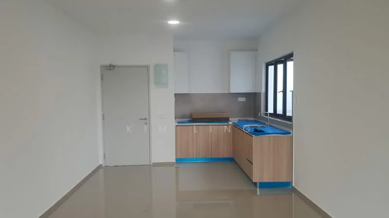 Kitchen features: white painted walls, light grey tiled backsplash, laminate cabinetry in light wood finish, blue countertop, single-bowl stainless-steel sink, chrome pull-down faucet, built-in oven, floor-to-ceiling window, recessed downlights, polished ceramic tile flooring; style: modern.