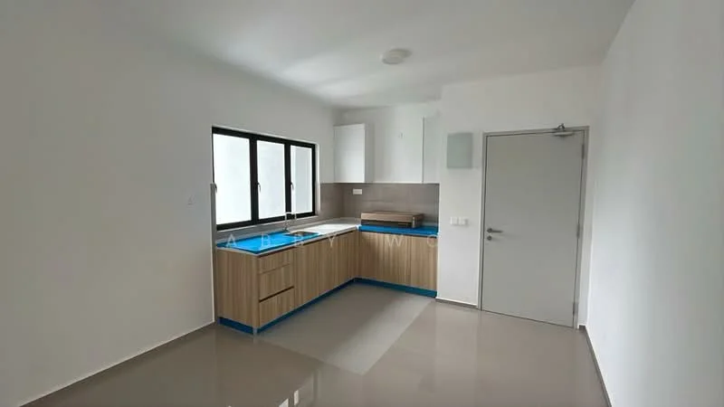 Kitchen features: white painted walls, light grey tile flooring, flat-panel wood cabinetry in light brown, blue countertop edge, single-bowl stainless-steel sink, chrome pull-down faucet, built-in oven, window above sink, recessed downlights, wall-mounted cabinet, kitchen island, open layout; style: modern.