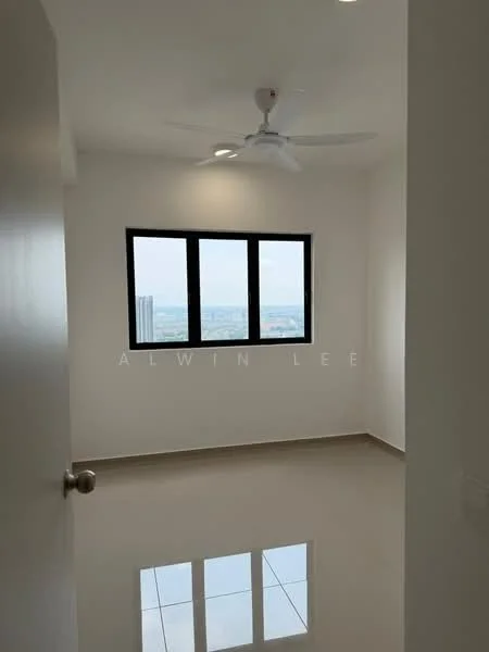 Room features: white painted walls, glossy tile flooring, 5-blade ceiling fan, floor-to-ceiling windows, city view, recessed downlights; style: modern; view: city.