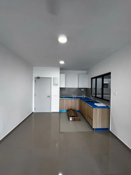 Kitchen features: white painted walls, grey tiled flooring, flat-panel wood cabinetry, blue countertop, single-bowl stainless-steel sink, chrome pull-down faucet, built-in oven, cooktop, window with black frame, recessed LED downlights; style: modern.