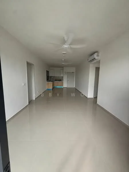 Room features: white painted walls, light grey tiled flooring, 5-blade ceiling fan, wall-mounted split AC, open layout, kitchen area visible in background, doorway leading to other rooms, large windows for natural light; style: modern.