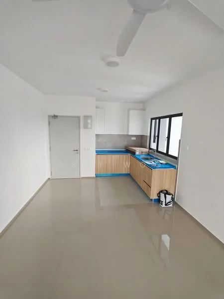 Kitchen features: white painted walls, grey tiled flooring, flat-panel wood cabinetry, blue countertop, single-bowl stainless-steel sink, chrome pull-down faucet, built-in oven, freestanding range oven, recessed downlights, ceiling fan, window with black frame; style: modern.
