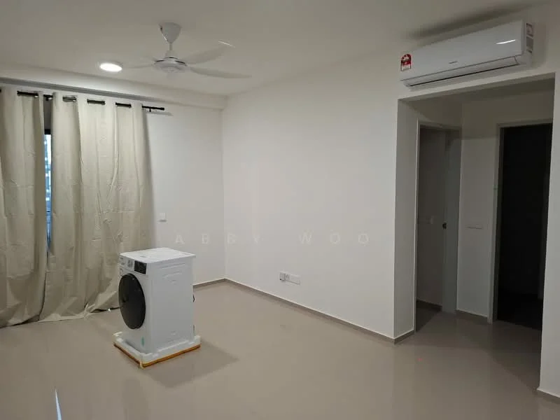 Room features: white painted walls, polished ceramic tile flooring, ceiling fan, 1 wall-mounted split AC, curtains, doorway to adjacent room, laundry area with washing machine; style: modern.
