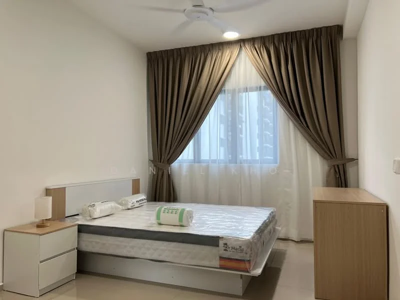 Bedroom features: queen-size bed, upholstered headboard, 2 bedside lamps, wooden bedside table, wooden dresser, floor-to-ceiling window, sheer curtains, dark brown curtains, ceiling fan, light-colored wall, tile flooring; style: modern.