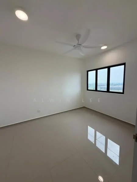 Room features: white painted walls, glossy ceramic tile flooring, 5-blade ceiling fan with light, three rectangular windows, natural light from windows; style: modern; view: city.