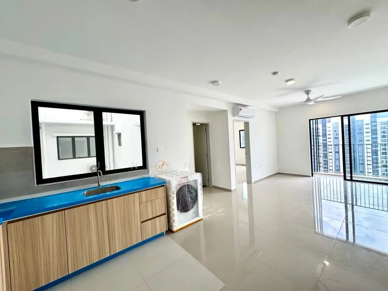Kitchen features: blue countertop, wood cabinetry, single-bowl stainless-steel sink, chrome pull-down faucet, built-in washing machine, wall-mounted split AC, recessed downlights, tile flooring, white painted walls; style: modern; view: city. Living features: floor-to-ceiling windows, sliding glass door, ceiling fan, tile flooring, white painted walls, open layout; style: modern; view: city.