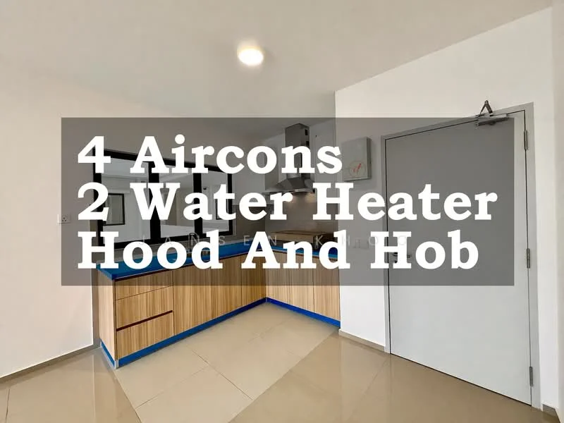 Kitchen features: blue countertop, wood cabinetry, stainless-steel hood, 4-burner gas hob, 2 water heaters, 4 wall-mounted split ACs, ceramic tile flooring, recessed downlights, single-bowl stainless-steel sink, chrome pull-down faucet; style: modern.