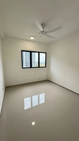 Room features: white painted walls, polished concrete flooring, 5-blade ceiling fan, floor-to-ceiling windows, city view, recessed downlight; style: modern; view: city.