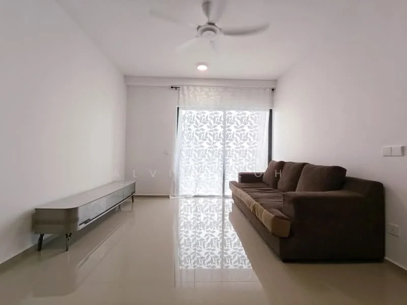 Living features: 3-seater fabric sofa in brown, wall-mounted TV console in grey, floor-to-ceiling windows, sheer curtains, white painted walls, polished tile flooring, ceiling fan with light, recessed lighting; style: modern.