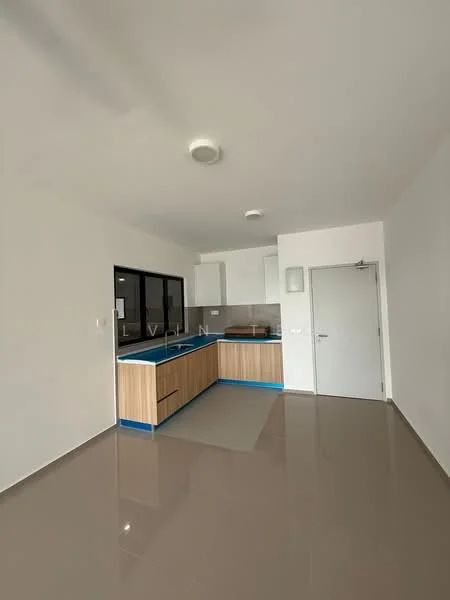 Kitchen features: white walls, glossy tile flooring, kitchen cabinets with wood finish, blue countertop, stainless-steel sink, built-in oven, cooktop, window above sink, recessed ceiling lights, open layout, door leading to another room; style: modern.