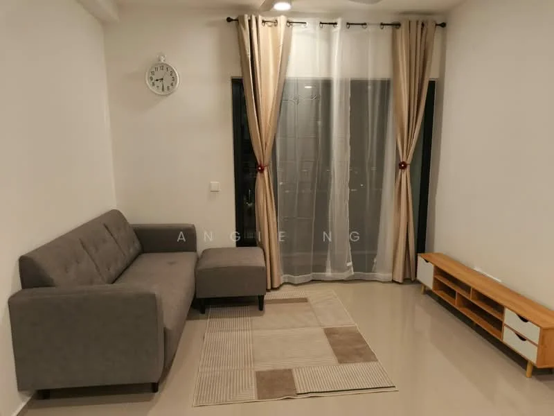 Living features: grey fabric 3-seater sofa, wooden TV console, area rug with geometric pattern, white painted walls, cream tiled flooring, floor-to-ceiling windows, sheer curtains, wall clock; style: modern.