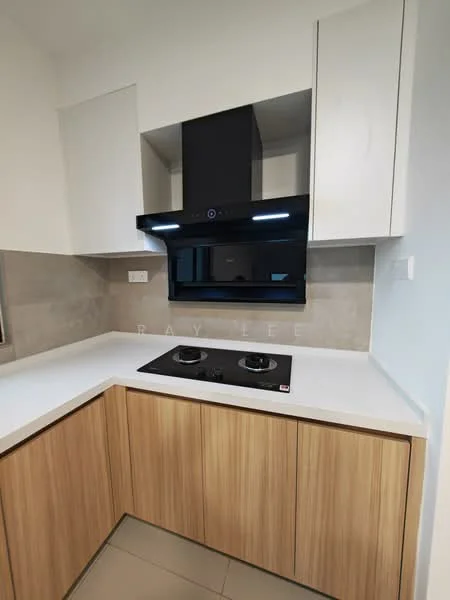 Kitchen features: L-shaped kitchen layout, white laminate cabinetry, wood grain lower cabinets, black glass range hood, built-in cooktop with two burners, white solid surface countertop, grey tile backsplash, under-cabinet lighting, recessed downlights, ceramic tile flooring; style: modern.