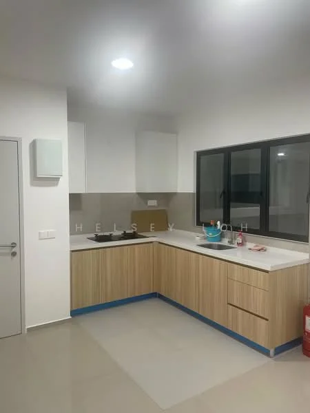 Kitchen features: white cabinets, wooden cabinetry, white countertop, stainless-steel sink, chrome pull-down faucet, built-in stove, grey tiled backsplash, recessed LED downlights, floor-to-ceiling windows, light grey tile flooring; style: modern.