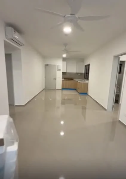 Room features: polished concrete flooring, white painted walls, recessed downlights, 2 ceiling fans, wall-mounted split AC, kitchen cabinetry in light wood, open layout, large windows, doorway leading to another room, neutral color scheme; style: modern.