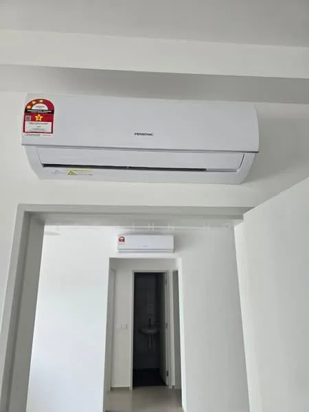 Room features: 1 wall-mounted split AC, white painted walls, light-colored flooring, doorway leading to another room.
