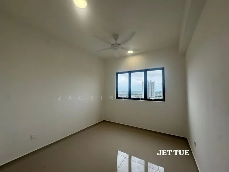 Room features: white painted walls, polished ceramic tile flooring, 5-blade ceiling fan with light, floor-to-ceiling windows, city view; style: modern; view: city.