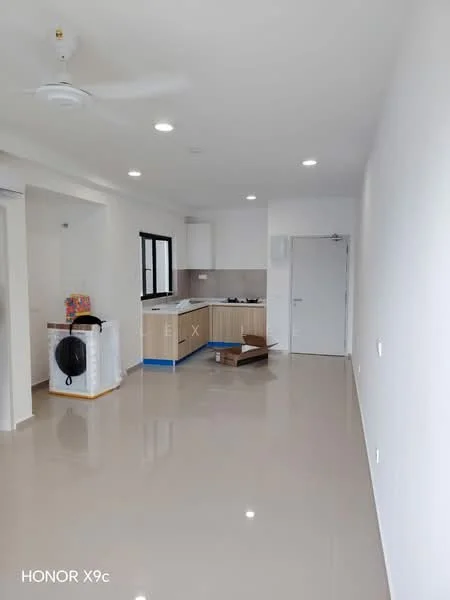Kitchen features: white painted walls, glossy tile flooring, ceiling fan, kitchen cabinets with wood finish, countertop, sink, stainless-steel appliances, window with black frame; style: modern. Room features: white painted walls, glossy tile flooring, door, window, laundry area with washing machine.