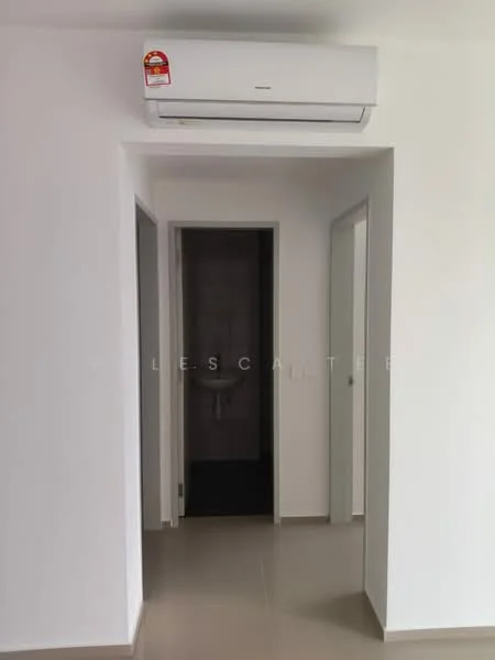 Room features: white painted walls, light grey floor tiles, 1 wall-mounted split AC, doorway leading to another room, doorway leading to bathroom, neutral color scheme, simple ceiling, no visible decor; style: modern.