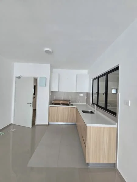 Kitchen features: white painted walls, grey tile flooring, flat-panel wood cabinetry, white countertop, single-bowl stainless-steel sink, chrome pull-down faucet, built-in oven, glass window with black frames, recessed downlights, open layout; style: modern.