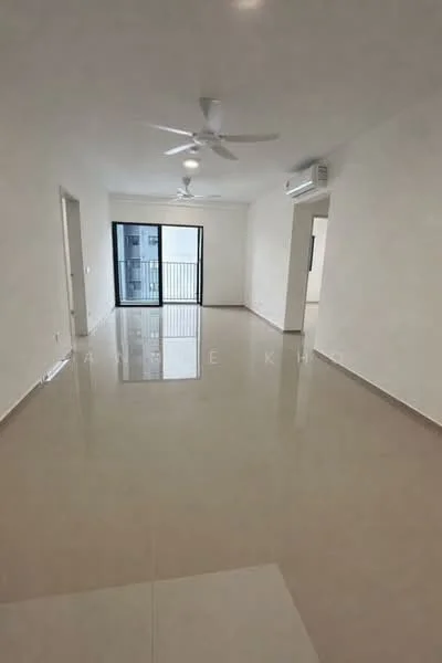Living features: white painted walls, polished ceramic tile flooring, 5-blade ceiling fan, floor-to-ceiling sliding glass door, balcony access, wall-mounted split AC, neutral color scheme, open layout; style: modern.