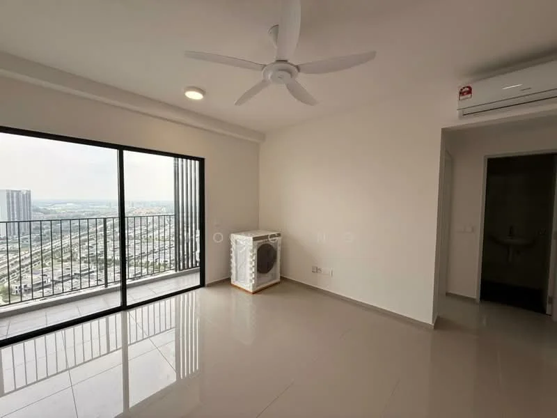 Living features: floor-to-ceiling windows, sliding glass door, 5-blade ceiling fan with light, wall-mounted split AC, white painted walls, glossy tile flooring, balcony view of city skyline, natural light from windows; style: modern; view: city. Room features: doorway leading to bathroom, unknown wall surface, unknown flooring.