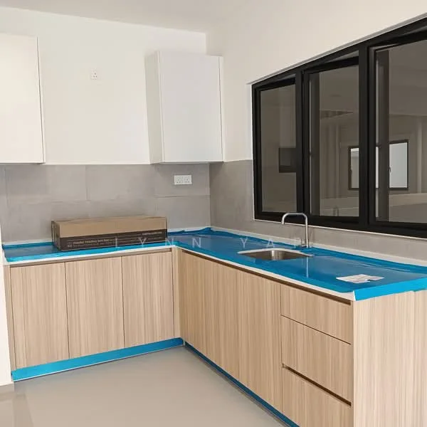 Kitchen features: L-shaped kitchen layout, light wood cabinetry, white upper cabinets, grey tile backsplash, blue countertop, single-bowl stainless-steel sink, chrome pull-down faucet, recessed lighting, large windows, neutral wall color, polished floor, electrical outlets, kitchen appliances space; style: modern.