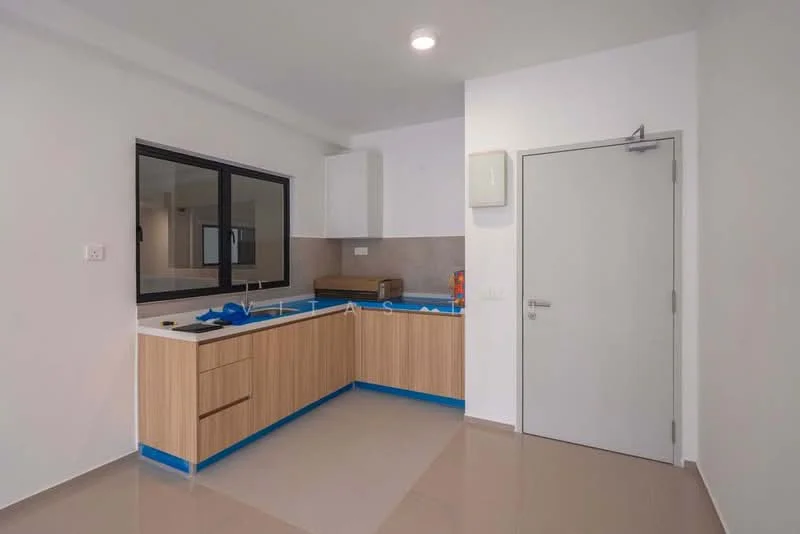 Kitchen features: L-shaped kitchen layout, light wood cabinetry, white upper cabinets, grey backsplash, single-bowl stainless-steel sink, chrome faucet, countertop with blue tape, tile flooring, window above sink, door leading to another room; style: modern.