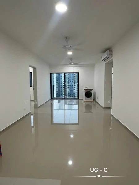 Living features: white painted walls, polished ceramic tile flooring, 5-blade ceiling fan with light, 2 wall-mounted split AC units, floor-to-ceiling windows, sliding glass door, balcony access, neutral color scheme; style: modern; view: city.
