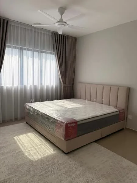 Bedroom features: king-size bed, upholstered headboard, floor-to-ceiling window, sheer curtains, ceiling fan, light-colored walls, beige carpet flooring, decorative area rug; style: modern.