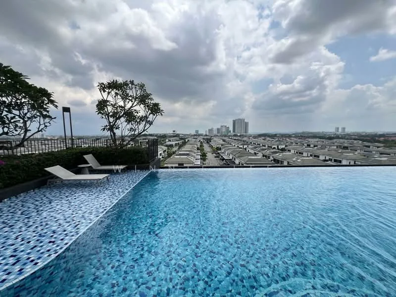 Exterior type: swimming pool deck; features: infinity pool, tiled pool surface with mosaic pattern, pool deck with loungers, landscaped greenery around pool, city skyline view, surrounding residential area; style: modern.