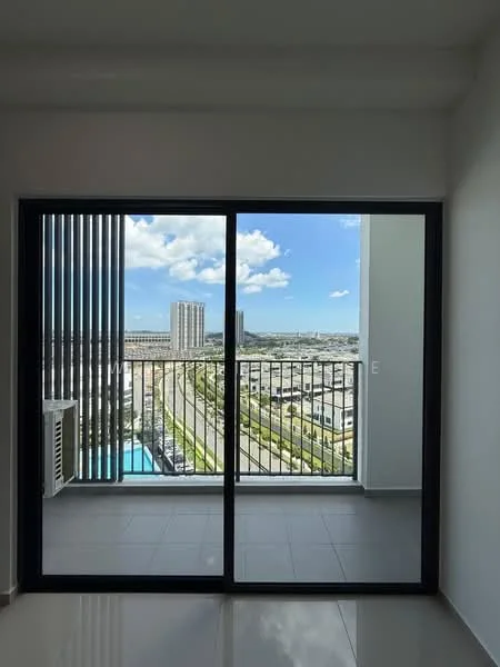 Room features: floor-to-ceiling sliding glass door, black metal frame, grey tiled flooring, balcony with railing, city skyline view, air conditioning unit visible, natural light from large window, white walls; style: modern; view: city.