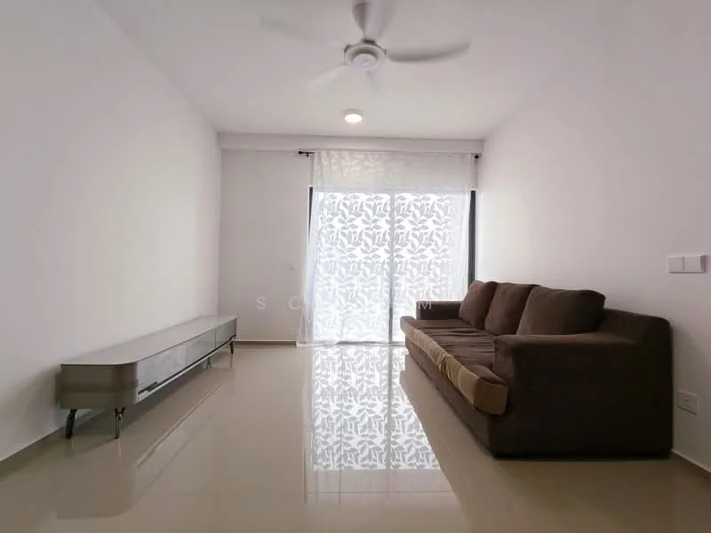 Living features: 3-seater fabric sofa in brown, TV console in grey, floor-to-ceiling windows, sheer curtains, white painted walls, polished ceramic tile flooring, ceiling fan with light, recessed downlights; style: modern.