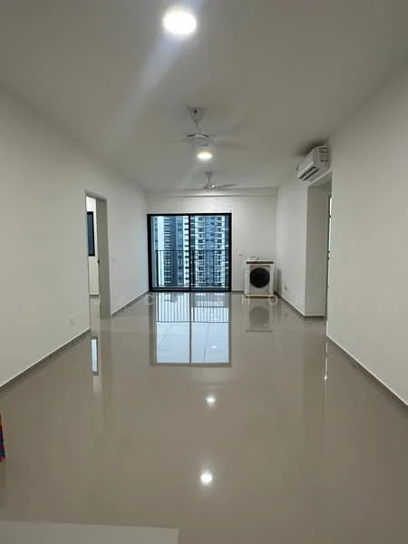 Living features: white painted walls, polished ceramic tile flooring, 5-blade ceiling fan with light, wall-mounted split AC, floor-to-ceiling windows, sliding glass door, balcony access, recessed downlights; style: modern; view: city.