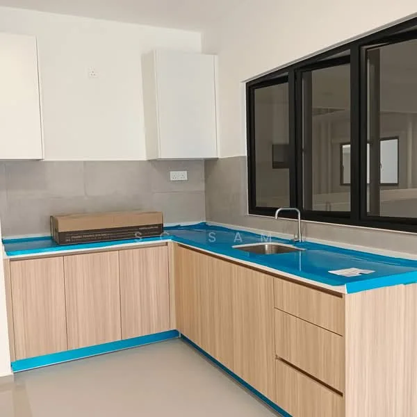 Kitchen features: L-shaped kitchen layout, light wood cabinetry, white upper cabinets, grey tile backsplash, stainless-steel sink, chrome faucet, blue protective film on countertops, built-in oven, large window, neutral tile flooring; style: modern.