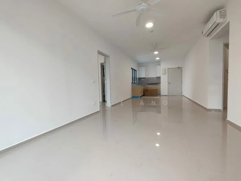 Living features: white painted walls, polished ceramic tile flooring, 5-blade ceiling fan, wall-mounted split AC, doorway to kitchen, doorway to hallway, large windows, neutral color scheme; style: modern.