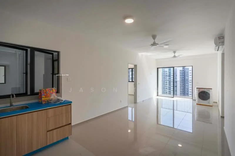 Kitchen features: single-bowl stainless-steel sink, chrome pull-down faucet, blue countertop, wood cabinetry, open shelving; style: modern; view: city. Living features: floor-to-ceiling windows, sliding glass door, 2 ceiling fans, wall-mounted split AC, glossy tile flooring, neutral painted walls; style: modern; view: city.