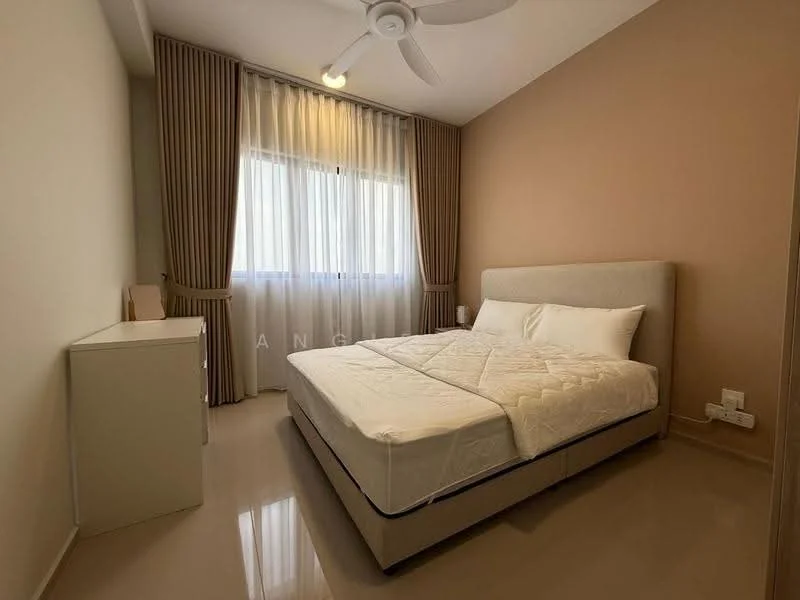 Bedroom features: queen-size bed, upholstered headboard, bedside lamps, floor-to-ceiling window, sheer curtains, cream painted walls, light-colored flooring, 5-blade ceiling fan; style: modern.