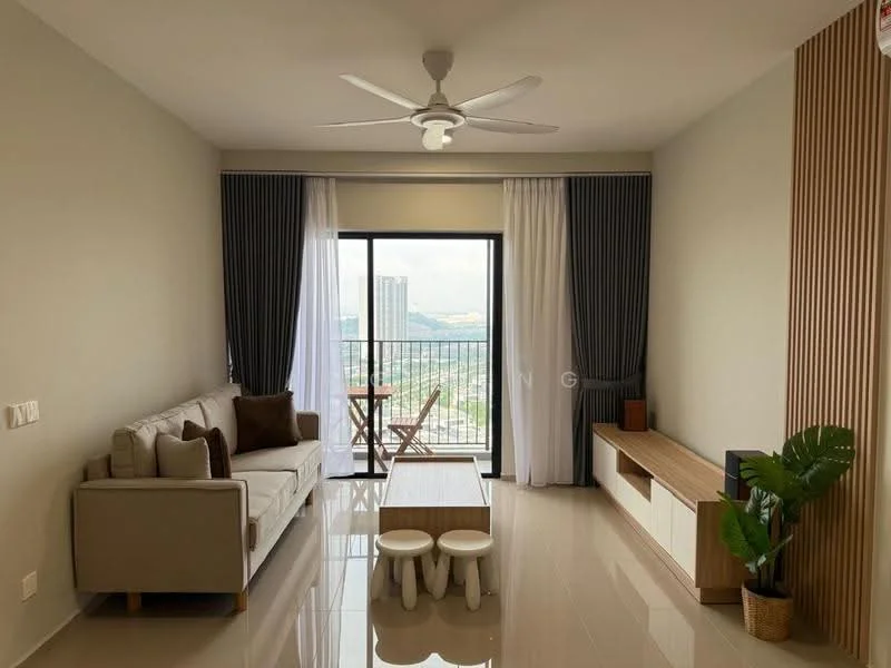 Living features: 3-seater fabric sofa in light grey, ceiling fan with light, floor-to-ceiling windows, sliding glass door, sheer curtains, blackout curtains, wooden TV console, decorative plant in ceramic pot, coffee table, area rug, light-coloured walls, glossy tile flooring; style: modern; view: city.