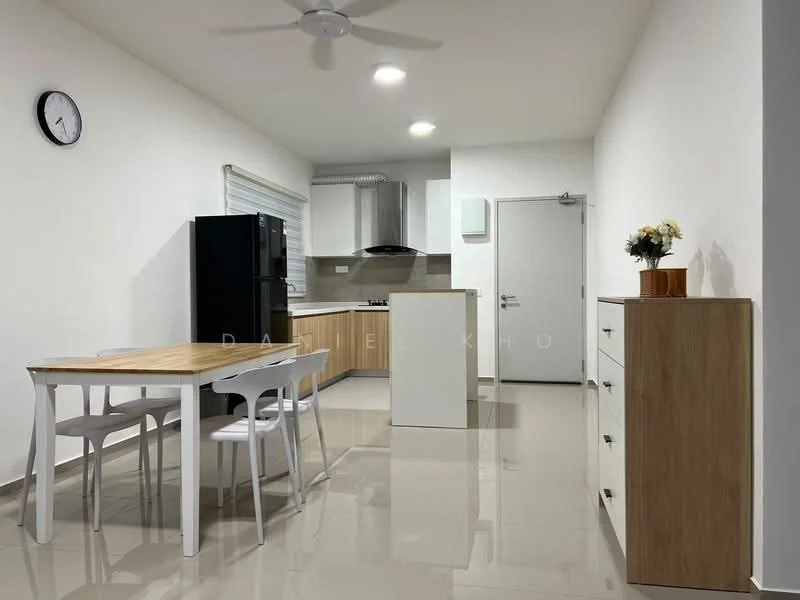 Kitchen features: white painted walls, glossy tile flooring, ceiling fan, stainless-steel range hood, built-in oven, black fridge, white kitchen island, wooden dining table, 4 white dining chairs, wooden sideboard with drawers, window with blinds; style: modern.
