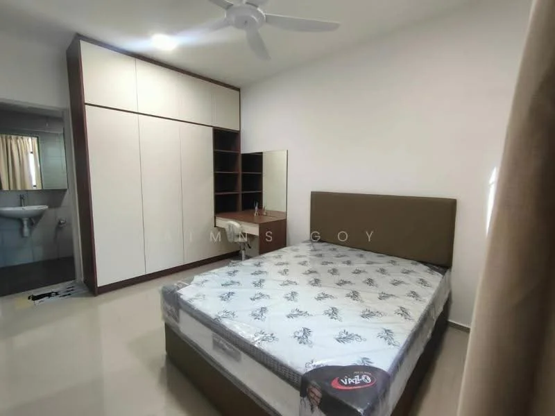 Bedroom features: queen-size bed with upholstered headboard, built-in wardrobe with sliding doors, study desk with mirror, wall-mounted mirror, ceiling fan, cream painted walls, tile flooring, window with curtain, decorative wall art; style: modern.