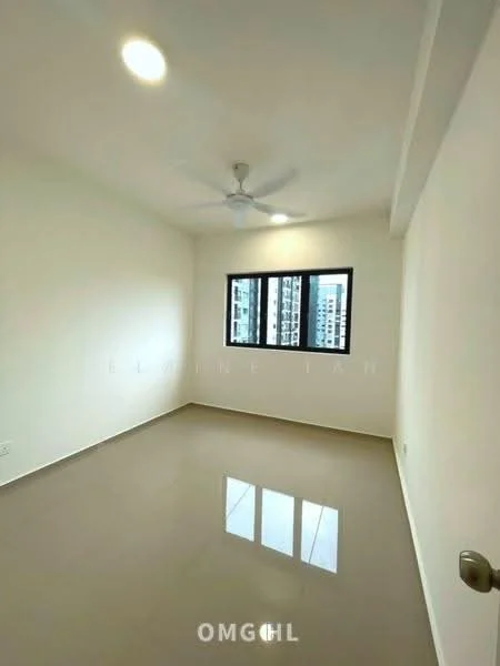 Room features: white painted walls, glossy tile flooring, ceiling fan, floor-to-ceiling windows, natural light, neutral color scheme, no visible furniture, modern design; style: modern; view: city.