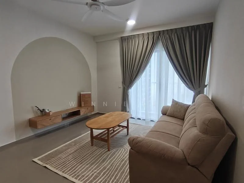 Living features: beige fabric 3-seater sofa, wooden coffee table, wall-mounted TV console, light grey walls, curtains in light grey, floor-to-ceiling windows, ceiling fan, area rug with geometric pattern, laminate flooring; style: modern; view: city.
