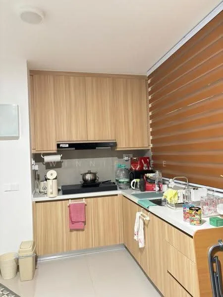 Kitchen features: light wood cabinetry, white countertop, stainless-steel sink, chrome pull-down faucet, built-in stove, built-in oven, microwave, kettle, various kitchen utensils, glass containers, dish rack, tile backsplash, floor tiles, roller blinds; style: modern.