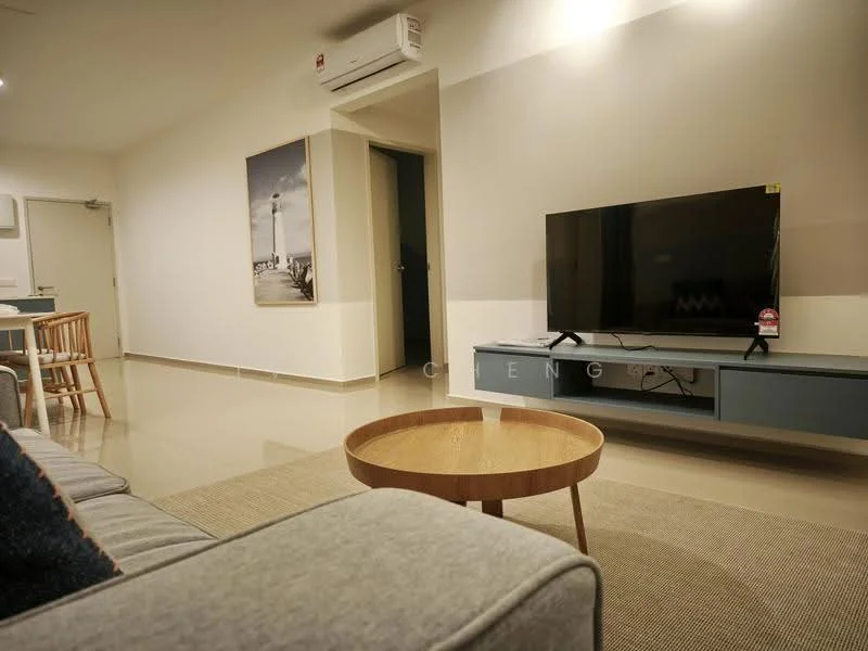 Living features: grey fabric sofa, wooden coffee table, TV console with storage, wall-mounted TV, cream painted walls, recessed ceiling lights, air conditioning unit, area rug with neutral color, framed artwork on wall, light-colored flooring; style: modern.